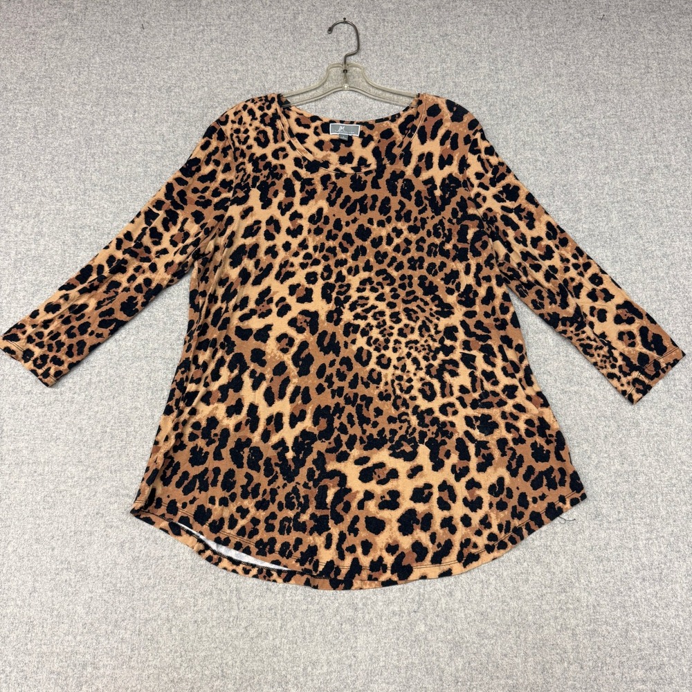 JM Collection Tunic Top Large Brown Leopard Print 3/4 Sleeve Scoop Neck Blouse L